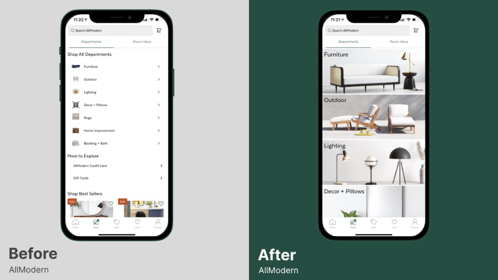 AllModern app navigation before and after